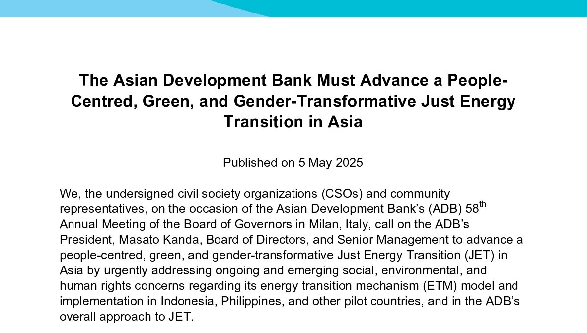 Joint CSO Statement: Asian Development Bank Must Advance a People-Centred, Green, and Gender-Transformative Just Energy Transition in Asia