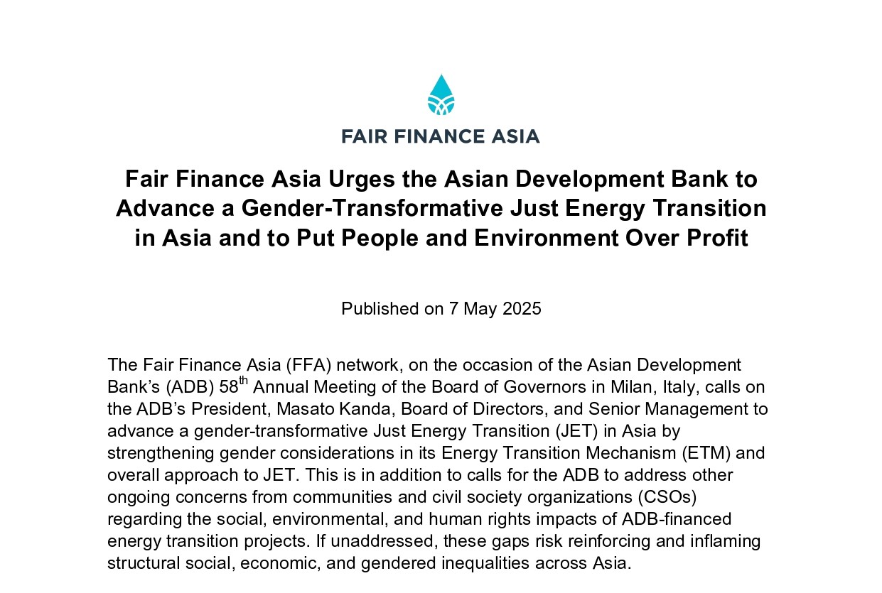 Fair Finance Asia Submits High-Level Recommendations to ADB, Calling for a Gender-Transformative Just Energy Transition